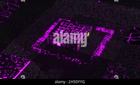 3D computer chip over circuit background of lilac and black colors. Artificial Intelligence and cyber technologies concept, abstract micro chip proces Stock Photo