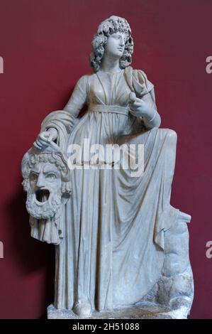 Marble sculpture of Melpomene holding a mask, one of the nine muses in Greek mythology, patron of tragedy and lyre playing, Hall of the Muses, Vatican Stock Photo