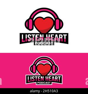 Heart with Headphone Logo Design Template. Suitable for Love Romantic Valentine Dating Streaming Podcast Broadcast Radio Channel Business Brand Simple Stock Vector