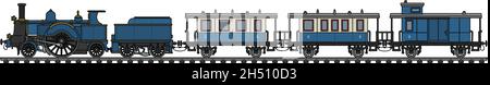 Hand drawing of a vintage blue steam locomotive and two passenger ...