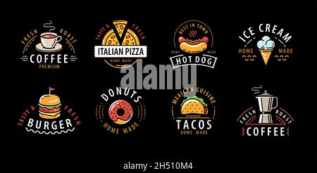Food and drink labels set. Typography design elements, logos, badges for restaurant or cafe menu Stock Vector