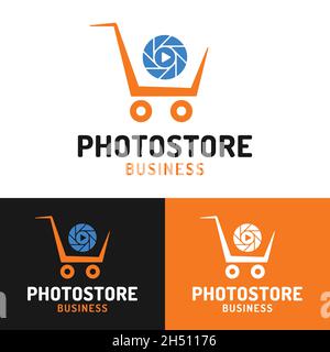 Shopping Cart with Camera Lens Logo Design Template. Suitable for Photo Media Digital Finance Shop Market Store Company Business Brand Simple. Stock Vector