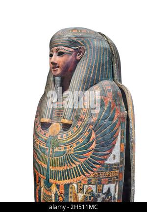 Ancient Egyptian sarcophagus coffin lid of Djedkhonsouiouefankh, painted canvas on wood, 943-731 BC, 22nd dynasty., Louvre Museum Inv N 2617. Details: Stock Photo