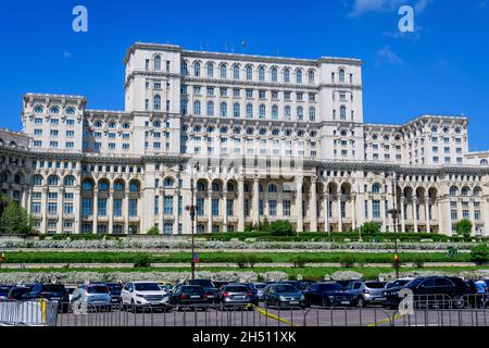 Bucharest, Romania, 6 May 2021: The Palace of the Parliament also known as People's House (Casa Popoprului) in Constitutiei Square (Piata Constitutiei Stock Photo