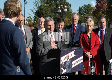 Washington, USA. 05th Nov, 2021. Representative Buddy Carter (R-GA) alongside House Republican members hold a press conference in response to OSHA's release of Biden's vaccine mandate for private businesses, at House Triangle/Capitol Hill. Credit: SOPA Images Limited/Alamy Live News Stock Photo