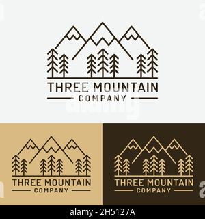 Three Mountain and Pine Trees for Adventure Outdoor Hiking Camping Hunting Sport Gear Apparel Business Brand in Simple Line Unique Hipster Vintage Etc. Stock Vector