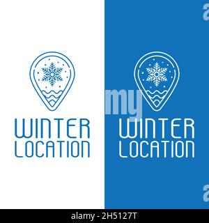Winter Snow Location Pin in Simple Line Style Logo Design Template. a pin with snowflake can mean winter, a place with cold weather, and a snowy. Stock Vector