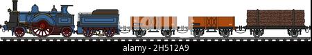 Hand drawing of a vintage steam freight train Stock Vector
