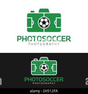 Camera with Football Field and Ball Logo Design Template. Suitable for Photography Photo Studio, Photographer, Sports, Cameramen, Reporter Etc. Stock Vector