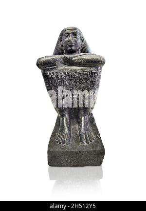 Egyptian cube statue of the attendant Akhimenrou, 664-610 BC, 26th dynaty, Thebes,  diorite. Louvre Museum A 85, MR10 or N86. The statue is dedicated Stock Photo