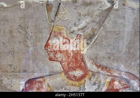 Ancinet Egyptian tomb decoration depicting Ramesses II, 1279-1213 BC. From the small temple built by King Rameses II in Abydos. Louvre Museum N 127 or Stock Photo