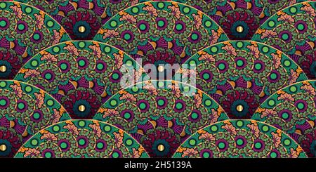 Flowers seamless modern colorful pattern. Seigaiha ornament in Japanese style. Fashion floral hand drawn. Peacock tail. Banner Vector illustration Stock Vector