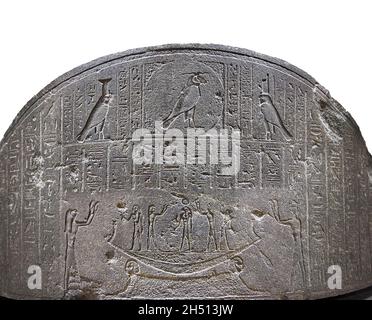 Ptolemaic Egyptian sarcophagus of Djedhor, 380-30 BC, Saqqara Memphis, diorite, Louvre Museum D8 or N344. Inscription names Djedhor (father of the god Stock Photo