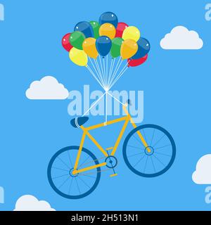 Bike hanging from helium balloons, floating and soaring in the sky. Stock Vector