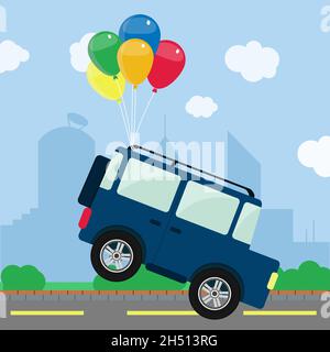 Bunch of colorful balloons taking a 4x4 car off the road. Skyline of a city in the background. Conceptual. Vector illustration representing a dream, f Stock Vector