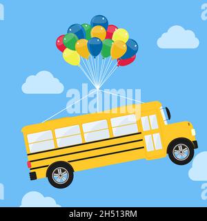 School bus hanging from helium balloons, floating and soaring in the sky. Stock Vector