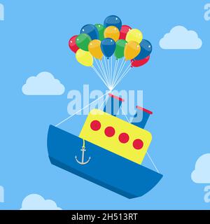 Ship hanging from helium balloons, floating and soaring in the sky. Stock Vector