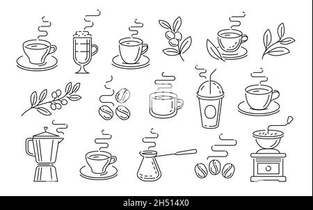 Coffee Tea icon set in graphic linear style. Design elements or restaurant menu, cafe Stock Vector