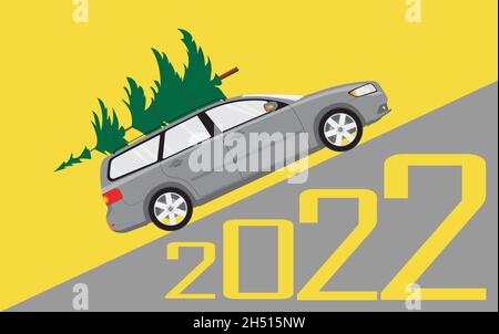 A passenger car carries a Christmas tree for Christmas and New Year. 2022 year. Stock Vector