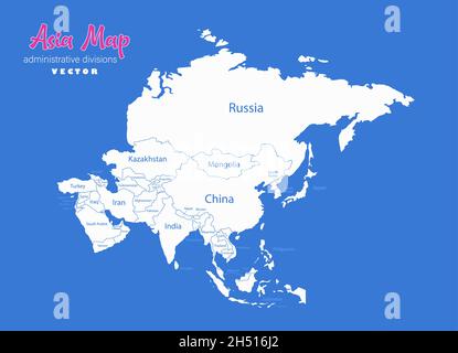 Asia map, separate states whit names, blue background vector Stock Vector