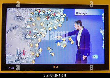 Porto Portugal,television screen tv monitor flat panel,weather report reporting meteorologist Spain map Portuguese Stock Photo