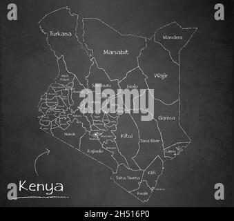 Kenya map, separates regions and names, design card blackboard, chalkboard vector Stock Vector