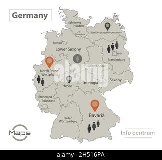 Germany map, individual regions with names, Infographics and icons vector Stock Vector