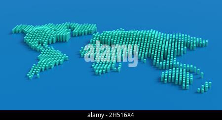 World map with green columns. 3d illustration. Stock Photo
