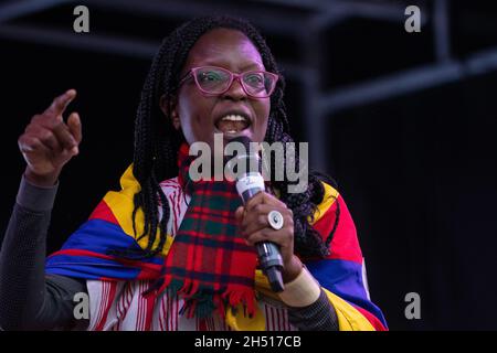 Glasgow, Scotland, UK. 5th Nov, 2021. Youth Climate Activist March and speeches organised by Fridays for Future Scotland during COP26 UN Climate Change Conference Pictured: Ina-Maria Shikongo Namibian climate activist speaks at George Square in front of a large crowd at the end of the march Credit: Kay Roxby/Alamy Live News Stock Photo