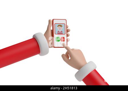 Santa Claus choosing to give a child coal or a gift on a mobile phone app. Christmas concept. 3d illustration. Stock Photo