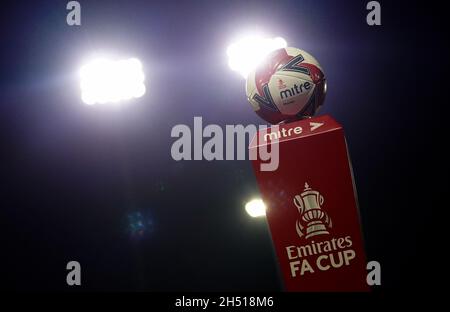 Official Mitre Emirates FA Cup match ball ahead of the Emirates FA Cup first round match at The MEL Group Stadium, Sudbury. Picture date: Friday November 5, 2021. Stock Photo