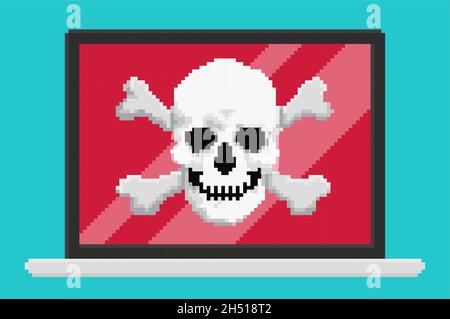 Pixel art style vector illustration of virus skull on laptop screen. Security vector illustration, flat cartoon design desktop pc, concept of firewal Stock Vector