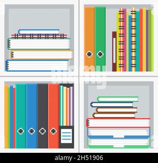 Pixel art, vector illustration of office documents on the shelf. Stock Vector
