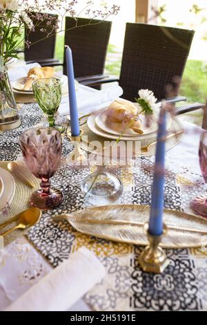 Beautiful decorative festive table setting. top view. Stock Photo