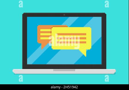 Pixel art vector illustration of laptop with conversation application on screen Stock Vector