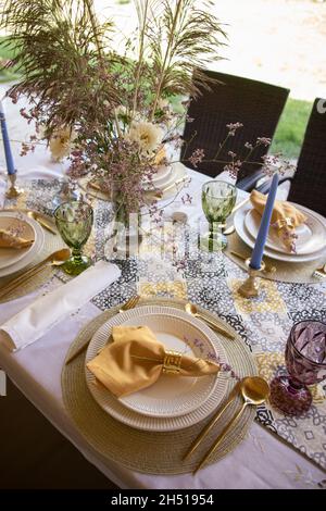Beautiful decorative festive table setting. top view. Stock Photo