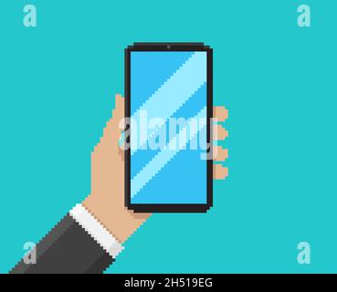 Pixel art vector illustration of hand holding mobile Stock Vector