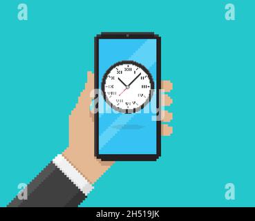 Pixel art vector illustration of hand holding mobile with digital clock app on screen Stock Vector