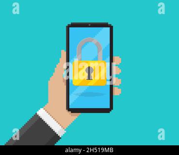 Pixel art vector illustration of hand holding mobile with lockpad on screen Stock Vector