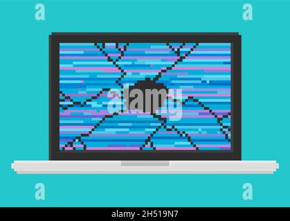 Pixel art, vector illustration of damage laptop with broken screen. Modern design laptop. Stock Vector