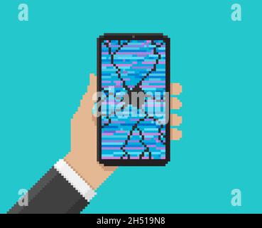 Pixel art, vector illustration of hand holding damage smartphone with broken screen. Modern design mobile. Stock Vector