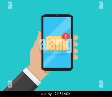 Pixel art vector illustration of hand holding mobile with message notification on screen Stock Vector