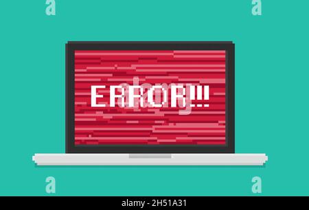Pixel art, vector illustration of laptop with error message on screen. The laptop screen is badly damaged and nothing but the inscription can be seen Stock Vector