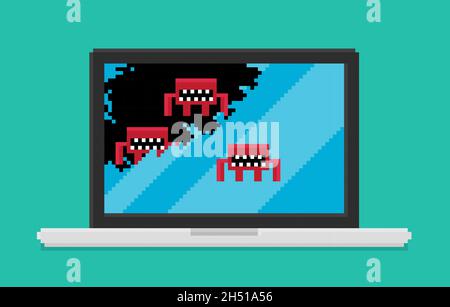 Pixel art, vector illustration of laptop attacked by computer viruses. Viruses are eating laptop screen. Stock Vector