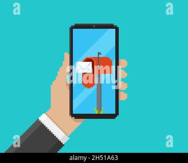 Pixel art vector illustration of hand holding mobile with mailbox application on screen Stock Vector