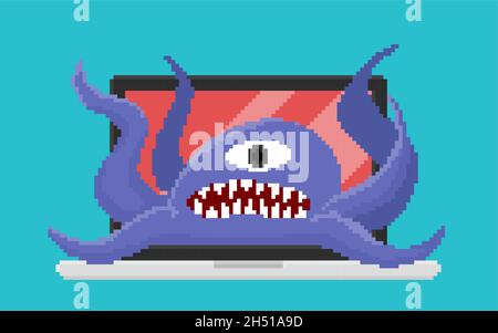 Pixel art, vector of computer virus attacking laptop. One eyed monster is a symbol of computer virus. Illustration Stock Vector