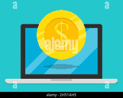 Pixel art style vector illustration of dollar coin on laptop screen. Stock Vector