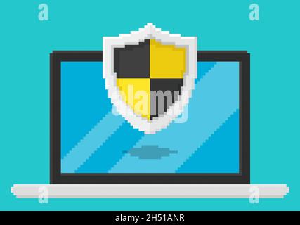 Pixel art style vector illustration of antivirus shield on laptop screen. Security vector illustration, flat cartoon design desktop pc with closed loc Stock Vector
