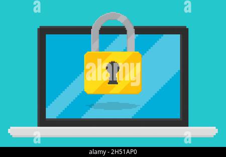Pixel art style vector illustration of lockpad on laptop screen. Security vector illustration, flat cartoon design desktop pc with, concept of firewal Stock Vector