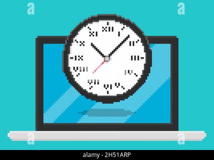 Pixel art style vector illustration of clock on laptop screen Stock Vector